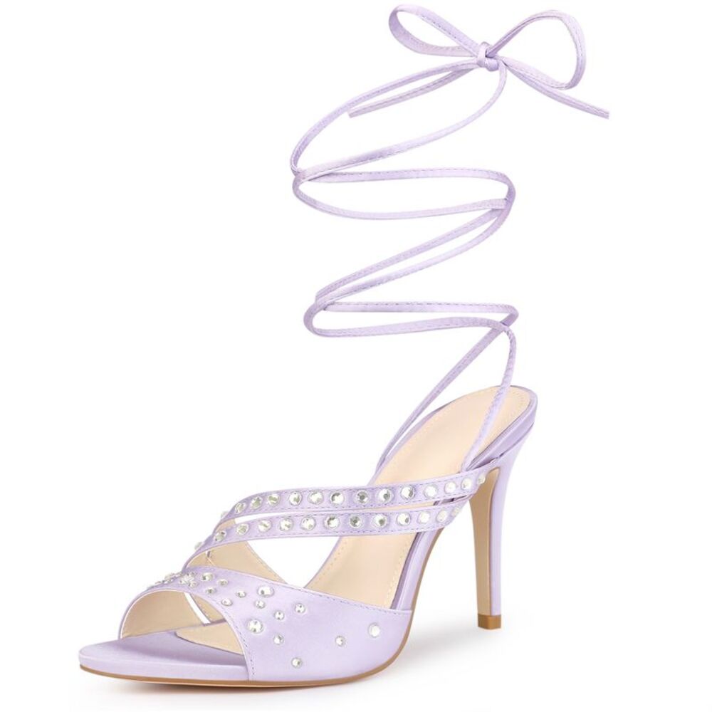 Rhinestone Satin Strappy Lace Up Slingback Stiletto Heel Sandal Light Purple